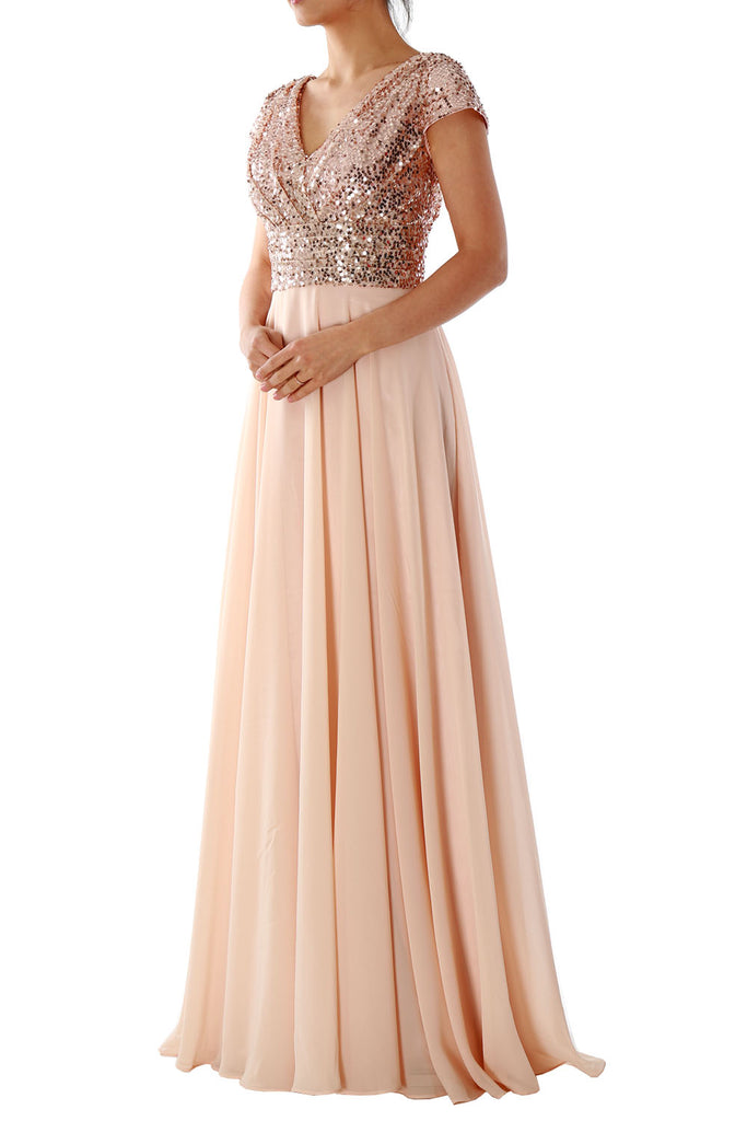 Cap Sleeves V Neck Sequin Chiffon Rose ...